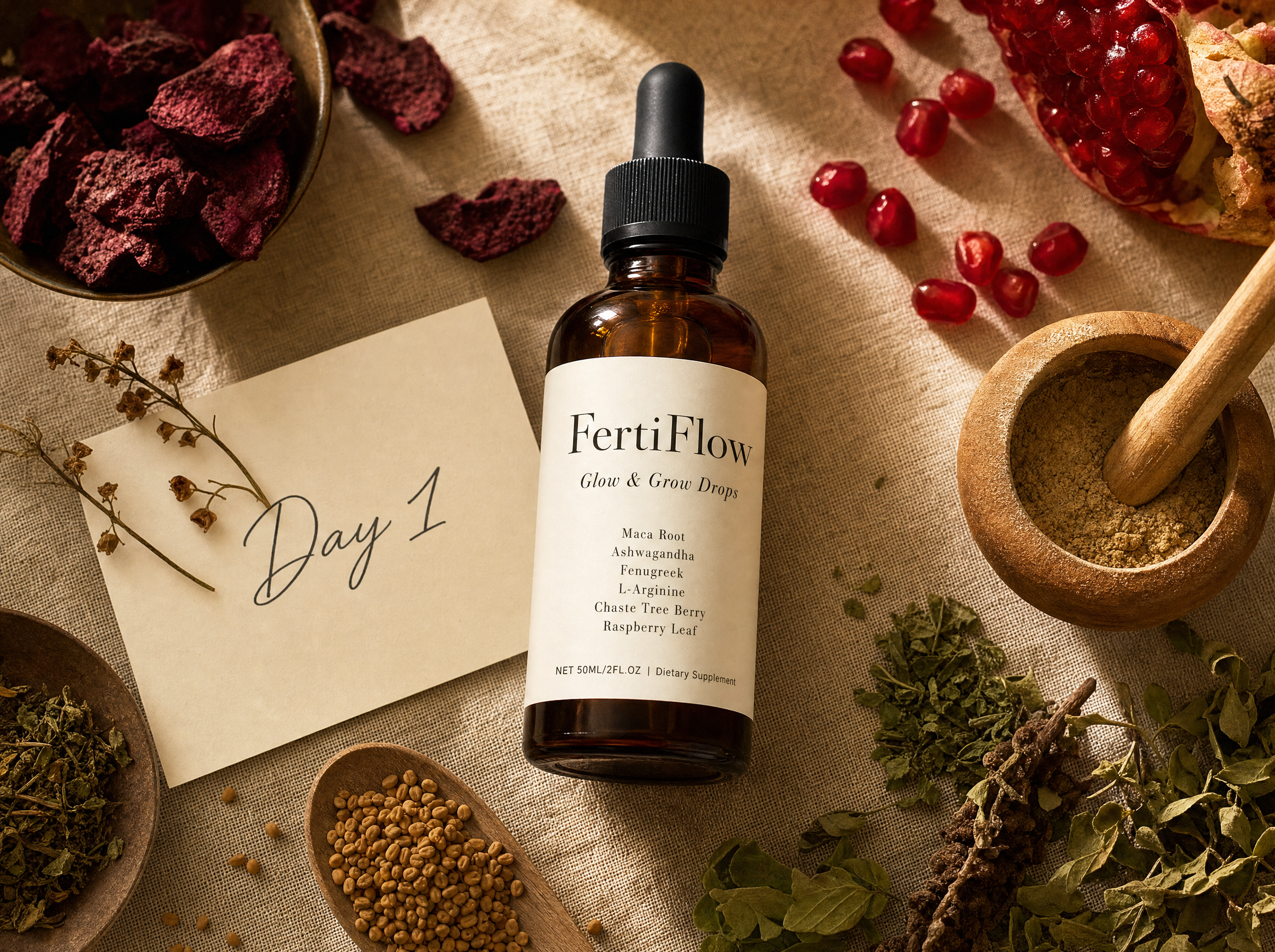 FertiFlow Glow and Grow Drops flat lay with herbs, pomegranate seeds, mortar, and Day 1 notecard