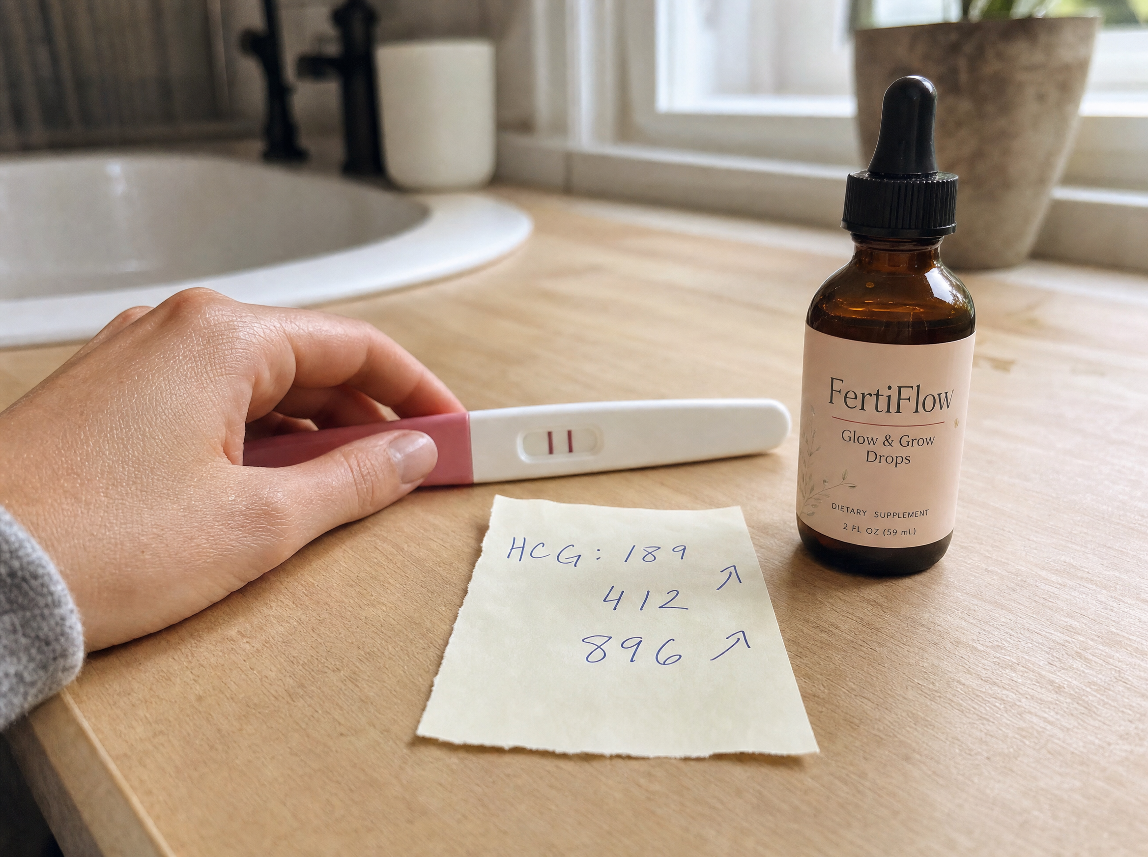 Positive pregnancy test with two clear lines next to FertiFlow bottle and handwritten rising HCG values: 189, 412, 896