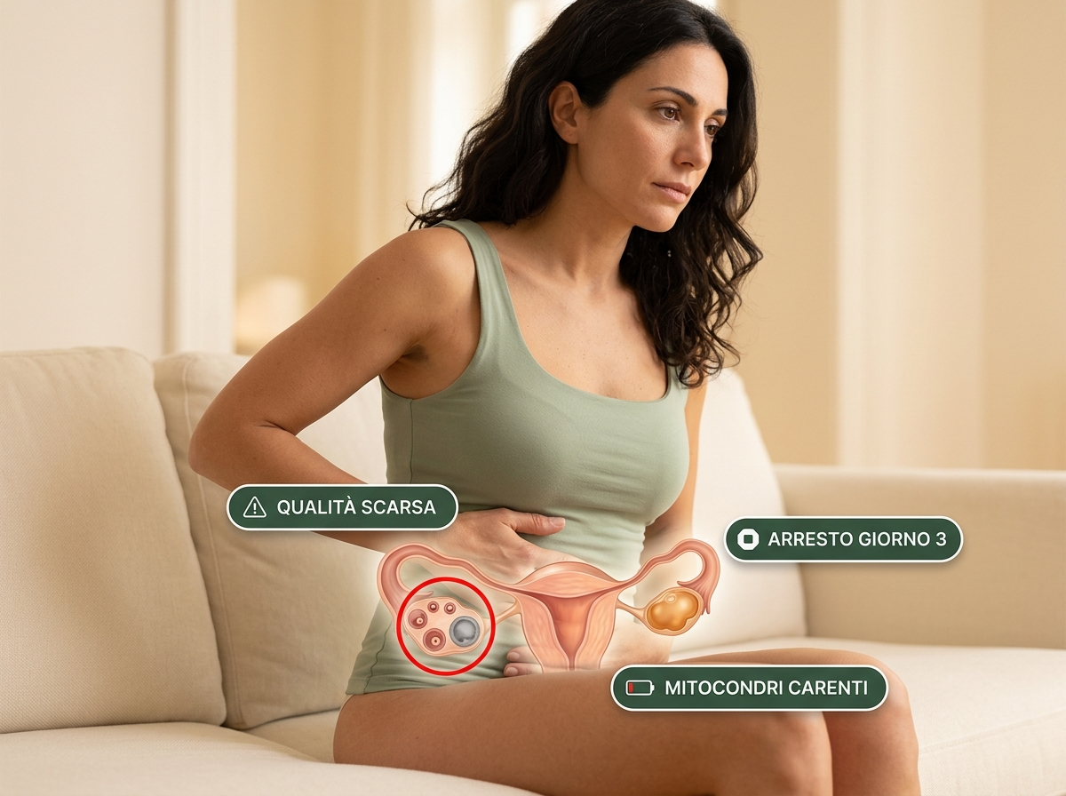 Infografica qualità ovocitaria — sistema riproduttivo con follicoli e badge diagnostici