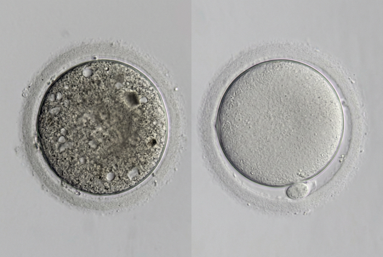 Two eggs under magnification side by side, one dark and grainy, one clear and round, showing a difference in egg quality.