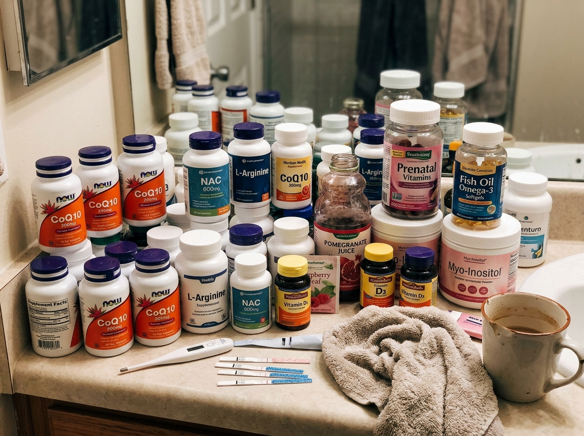 A cluttered bathroom counter crowded with dozens of fertility supplement bottles, scattered ovulation strips and a thermometer.