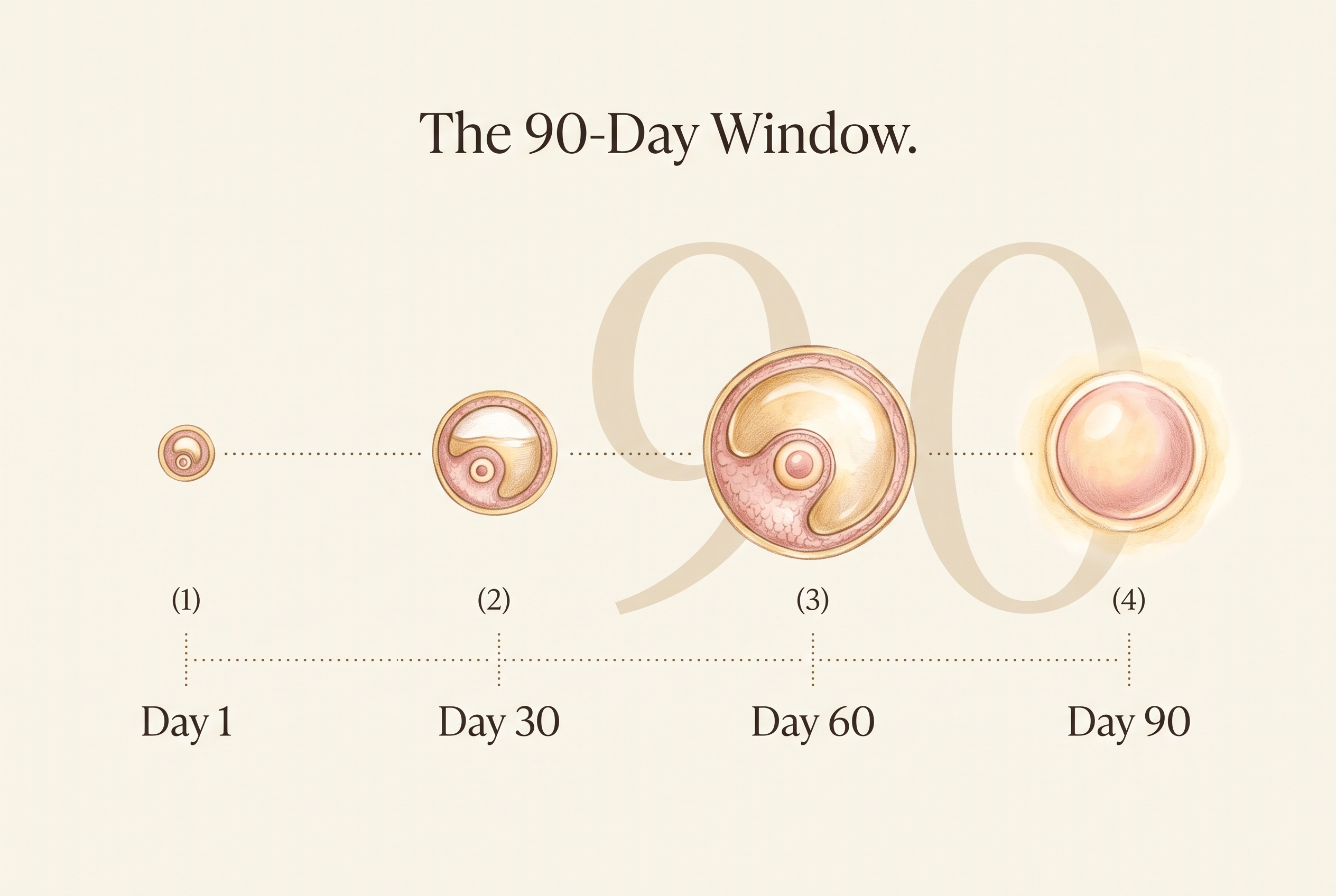 Illustration of a single ovarian follicle maturing across ninety days, from a small dormant follicle to a mature egg ready for release.