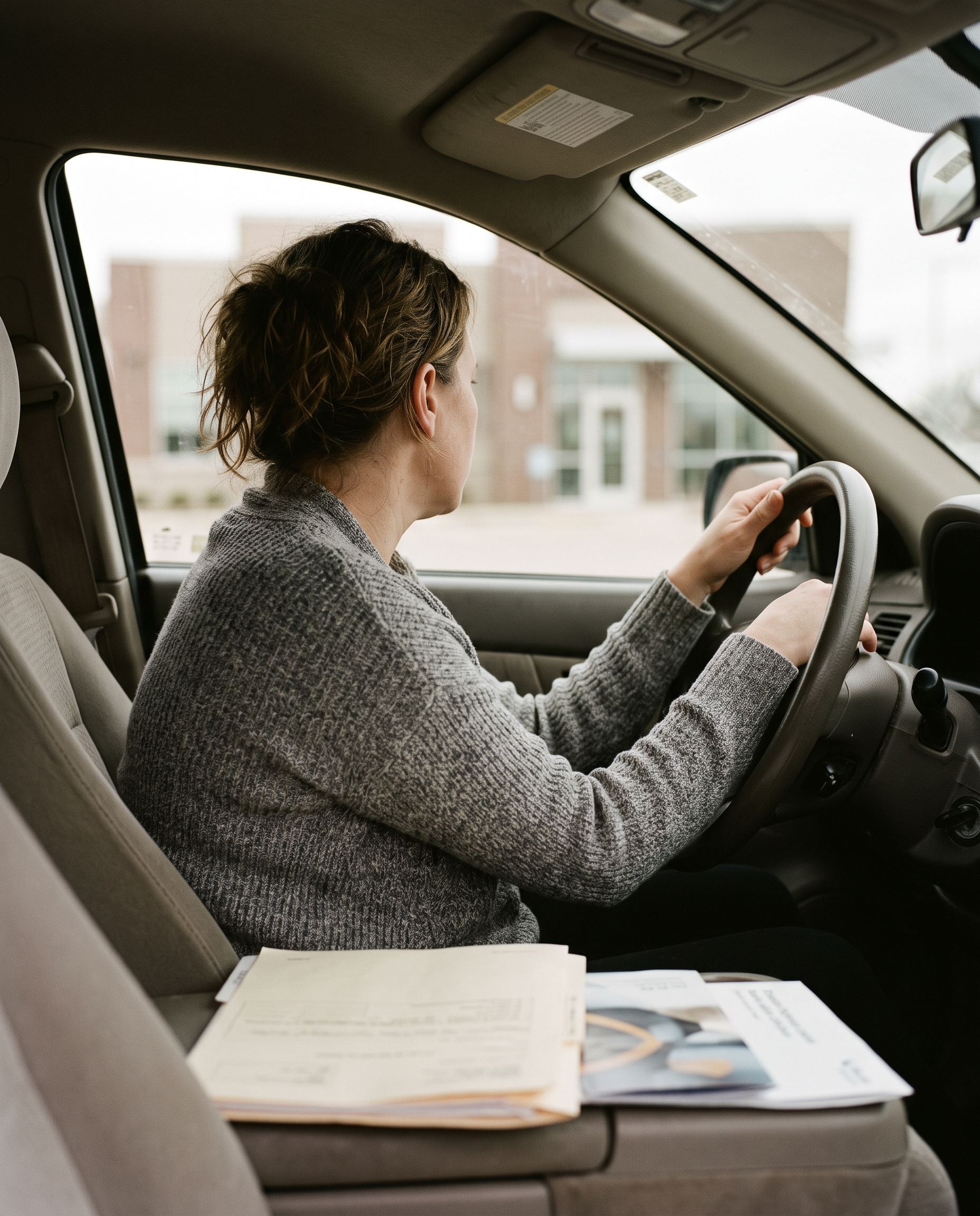 A woman sitting in a parked car outside a fertility clinic, hands on the steering wheel, a medical report on the passenger seat.
