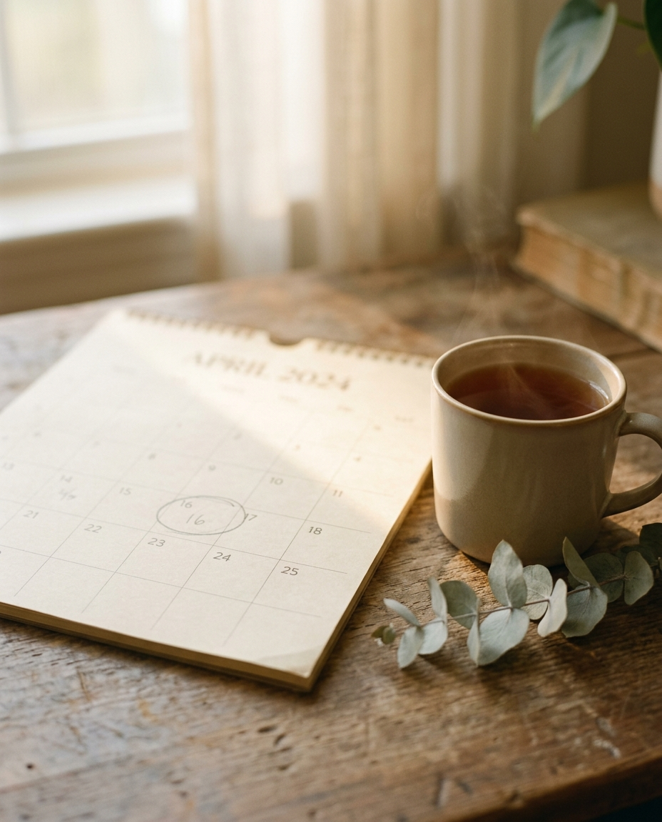 A soft, warmly lit still life suggesting time passing — a faint paper calendar with a single date quietly circled.