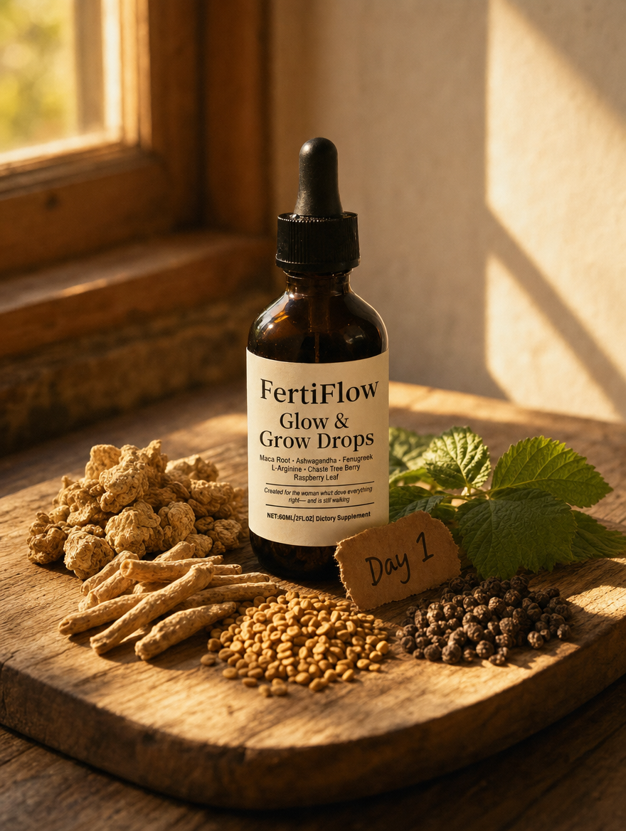 The FertiFlow Glow and Grow Drops bottle placed on a rustic wooden cutting board, surrounded by its raw botanical ingredients — maca root, ashwagandha, fenugreek seeds, raspberry leaves — with a small handwritten 'Day 1' tag leaning against it.