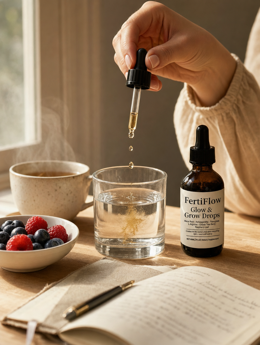 A hand squeezing golden FertiFlow drops into a glass of water beside berries, tea, and a journal — a simple 30-second morning ritual, not a 27-pill stack.