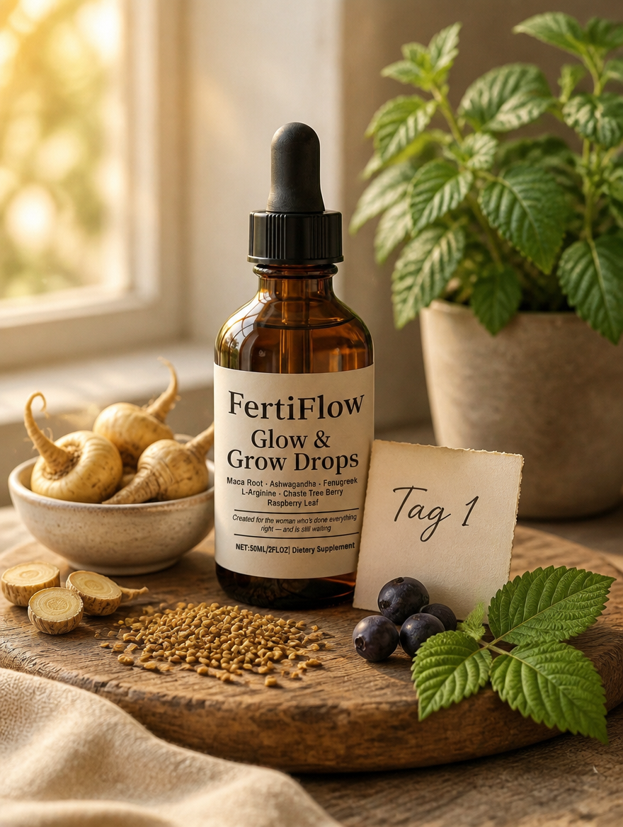 FertiFlow Glow & Grow Drops Flasche auf einem rustikalen Holzbrett, umgeben von natürlichen Zutaten, mit einem kleinen handgeschriebenen 'Tag 1'-Schild.