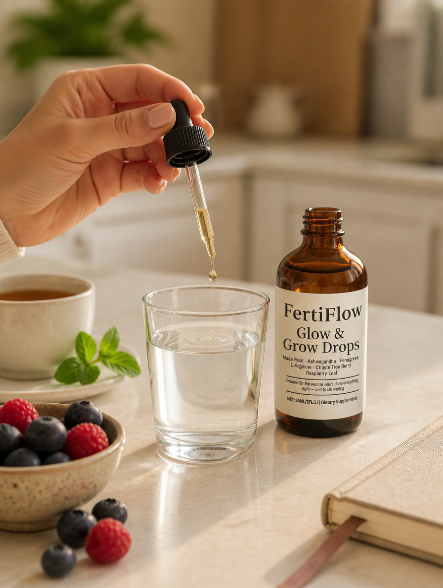 Eine Hand drückt goldene FertiFlow-Tropfen in ein Glas Wasser neben Beeren, Tee und einem Notizbuch. Ein einfaches 30-Sekunden-Morgenritual.