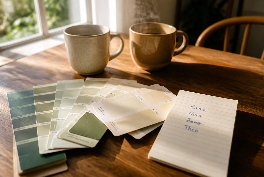 Nursery paint swatches and baby names on a sunlit table.