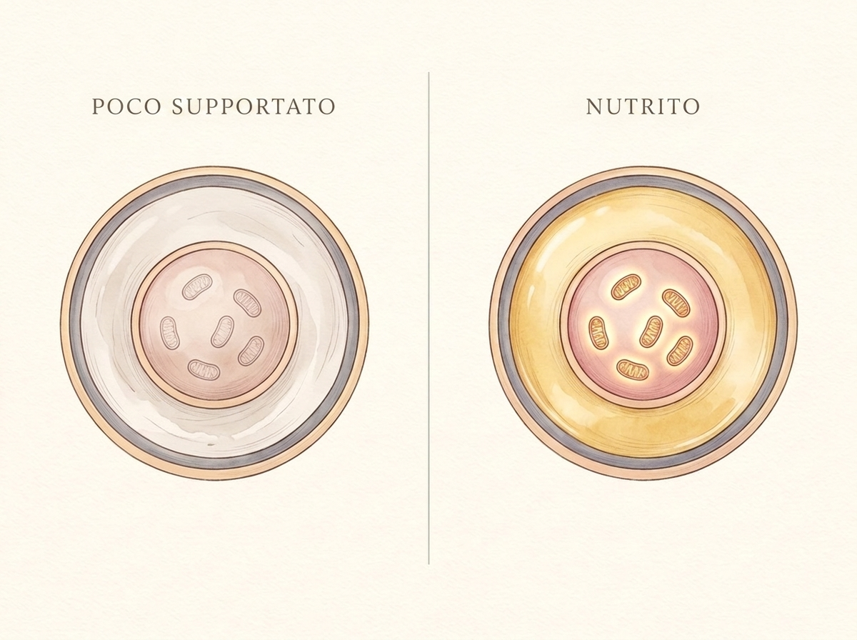 Illustrazione a confronto di due follicoli: a sinistra, poco supportato, con liquido follicolare povero e mitocondri spenti; a destra, nutrito, con liquido ricco e mitocondri attivi.