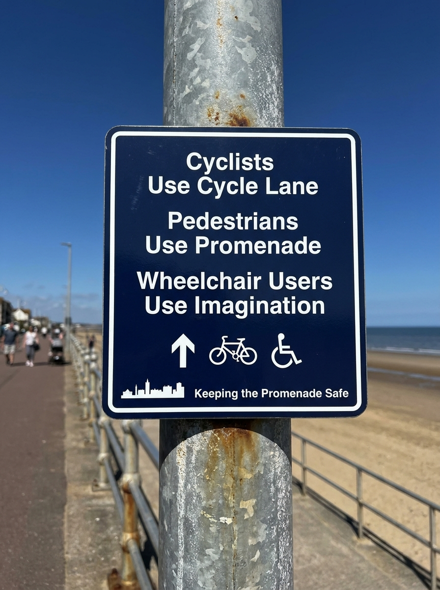 A satirical AI-generated council sign reading Cyclists Use Cycle Lane, Pedestrians Use Promenade, Wheelchair Users Use Imagination, above the strapline Keeping the Promenade Safe. No such sign exists.