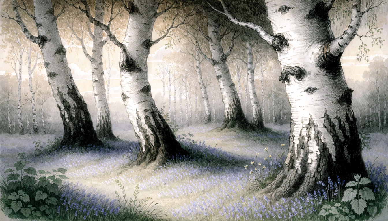 Birch grove at dawn — Victorian botanical illustration