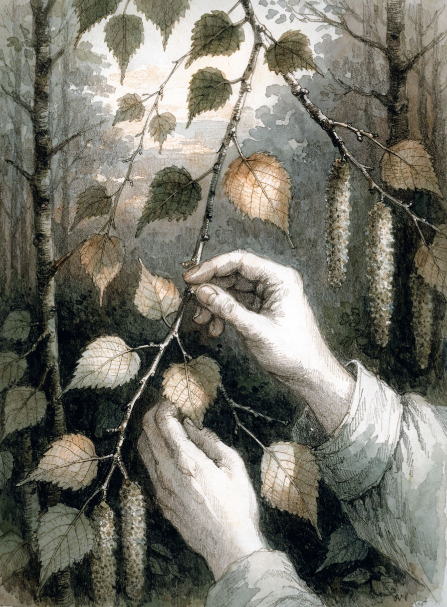 Hands harvesting birch leaves — botanical illustration