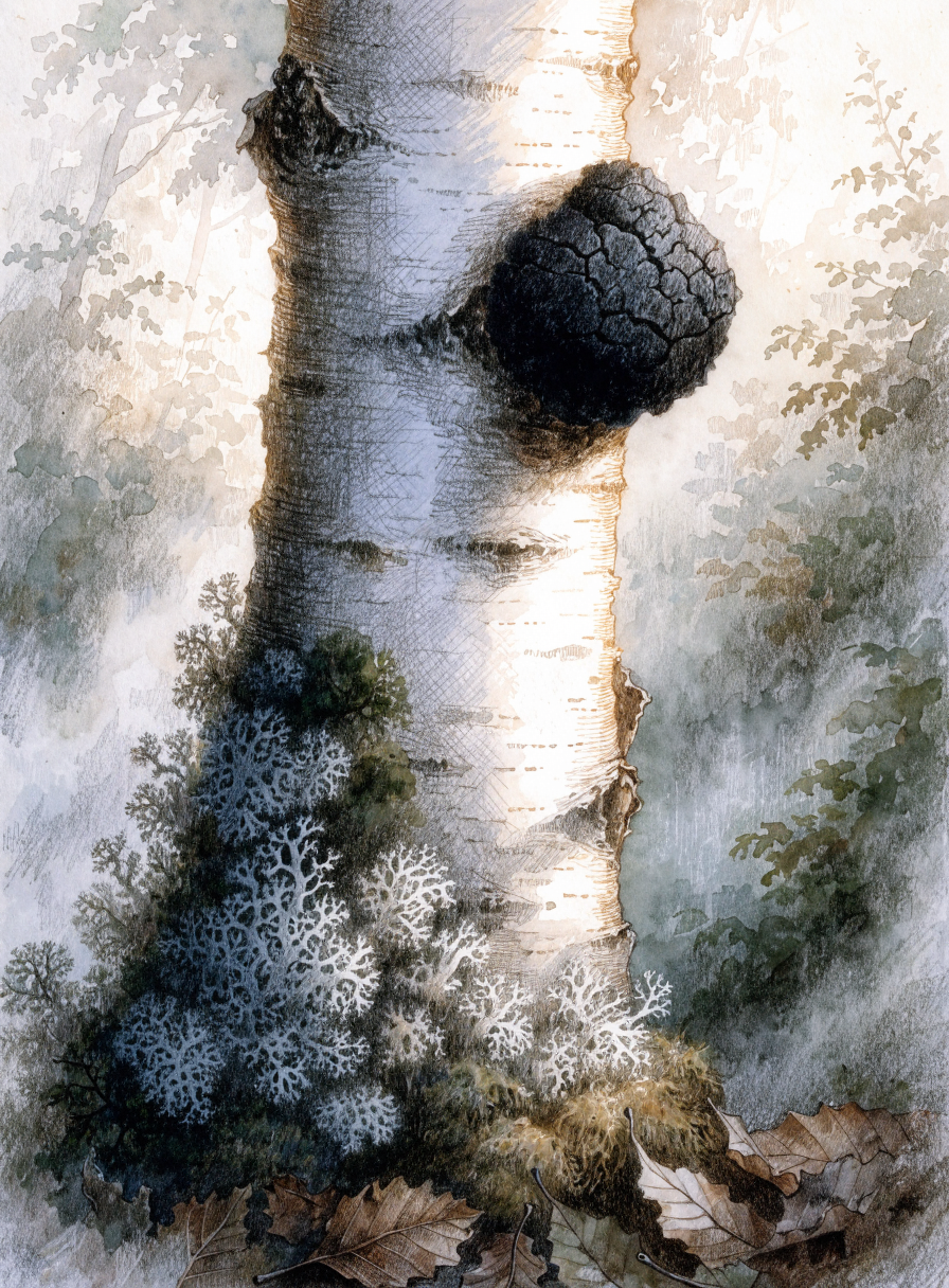 Silver birch trunk in morning mist — botanical plate