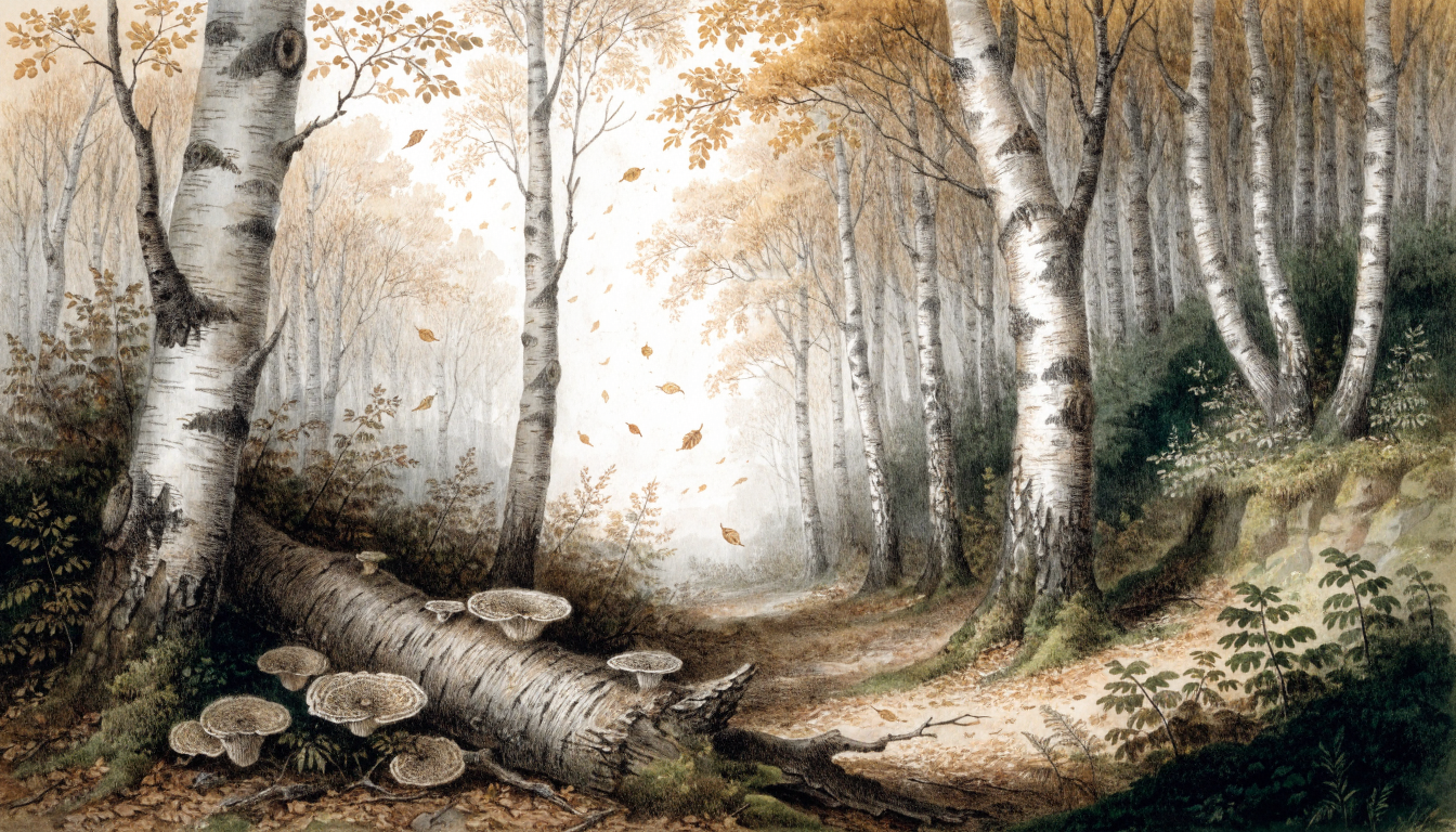 Birch woodland in autumn — Victorian botanical illustration