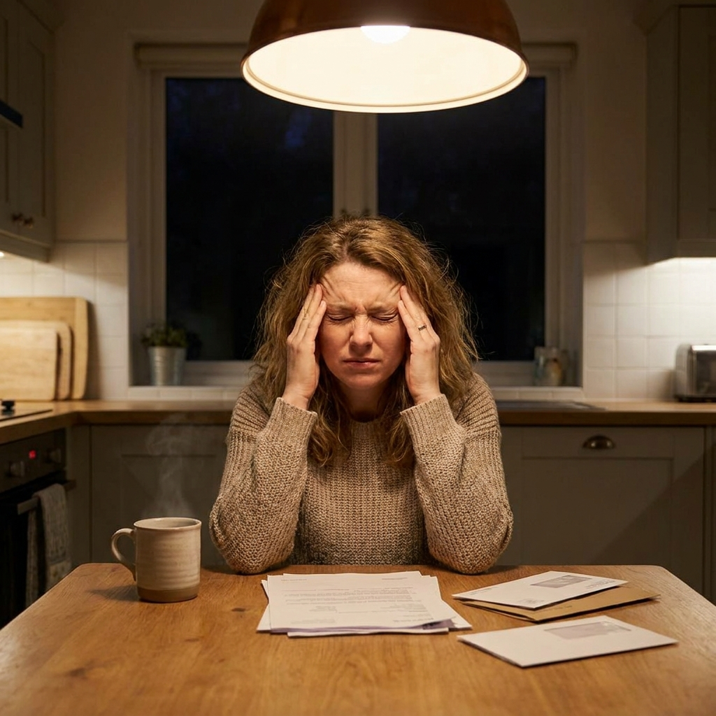 Woman with migraine at kitchen table