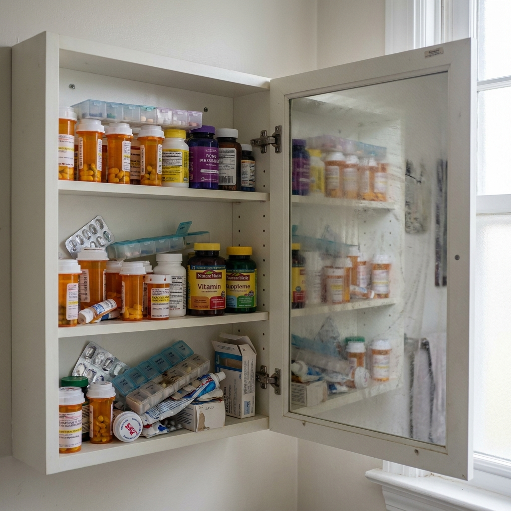 Medicine cabinet full of prescription bottles