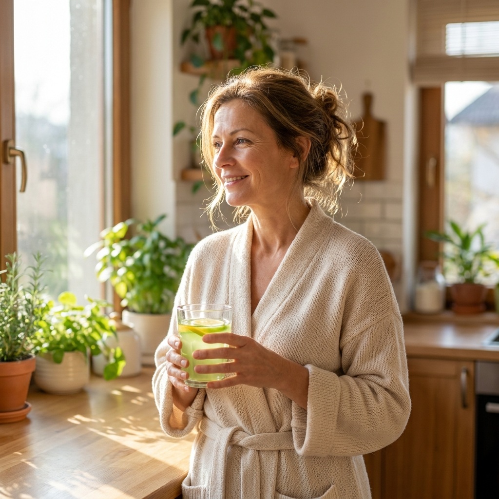 Woman drinking Migranium in morning