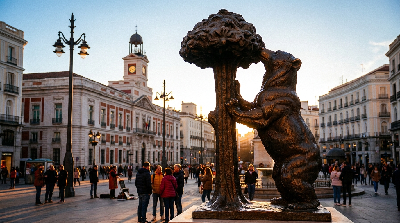 Grupo de turistas en un tour a pie por Madrid con 4U Madrid en la Puerta del Sol