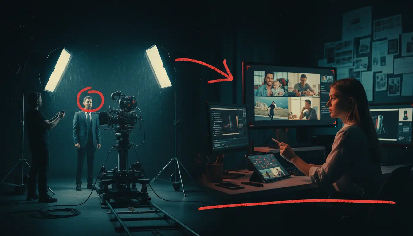 Creative production team working with a tablet on location