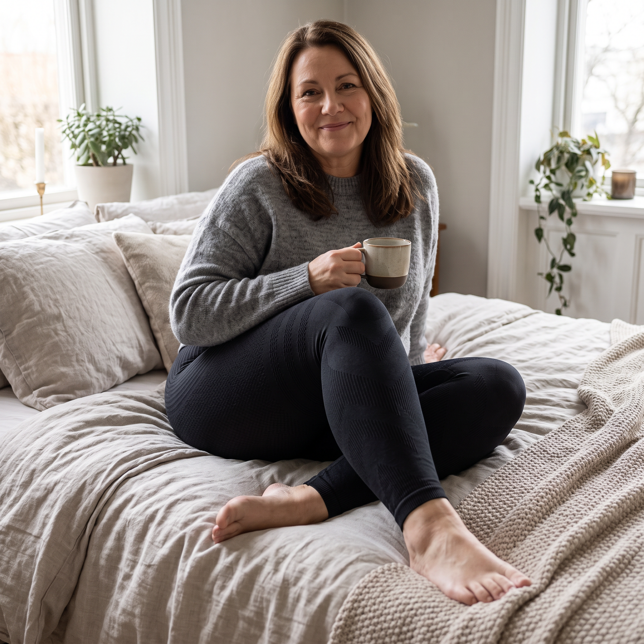 Woman relaxed at home comfortably wearing the soft Maneele compression leggings