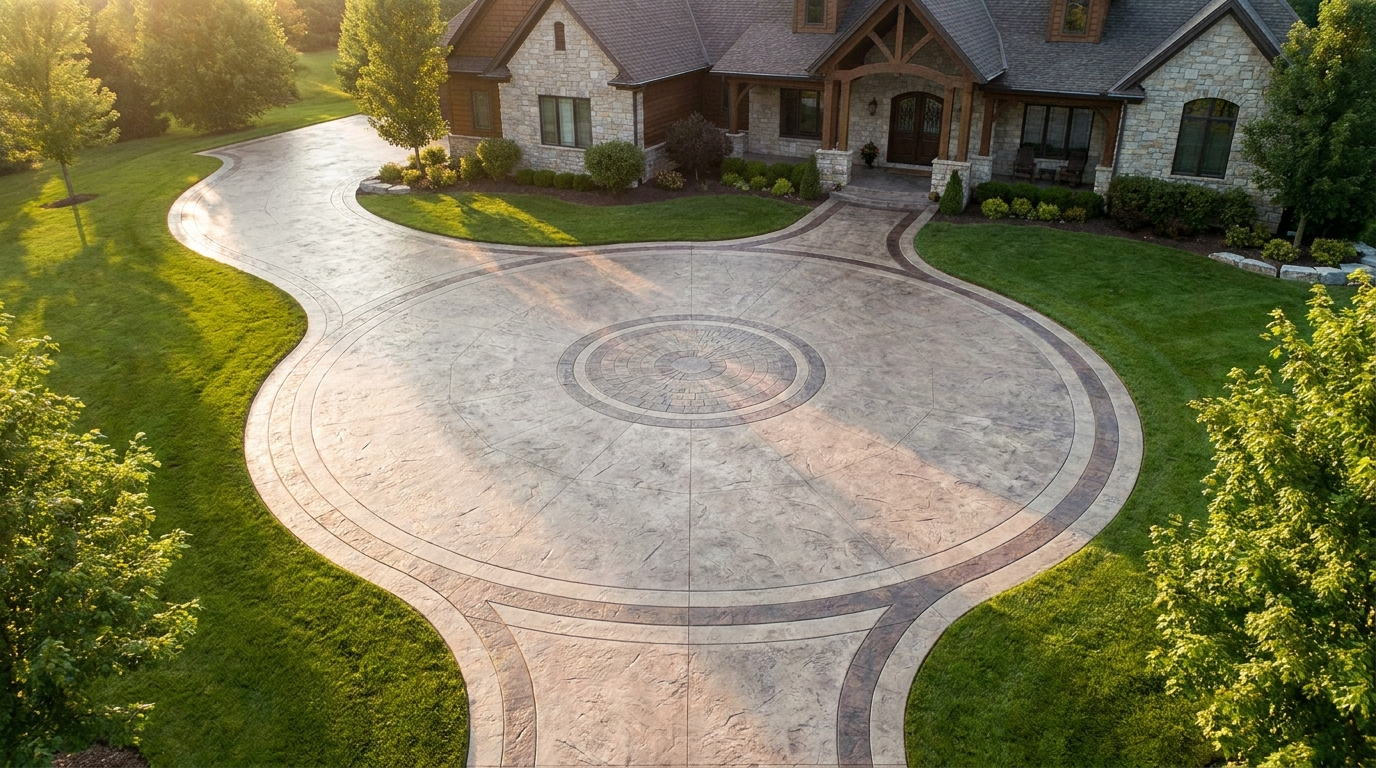 Stamped circular driveway aerial