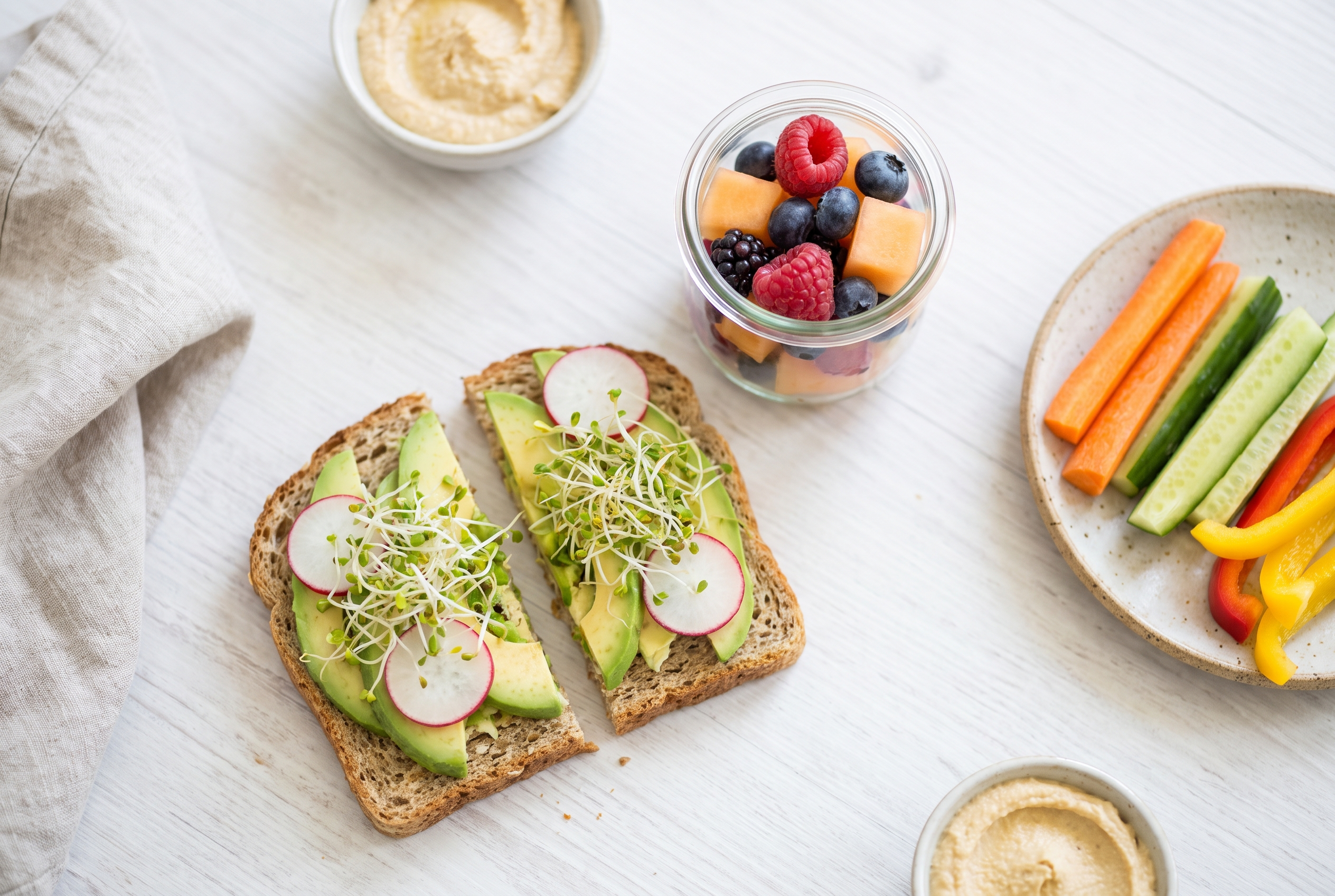 Een gebalanceerde lunch: brood, groente, fruit en een beetje eiwit.