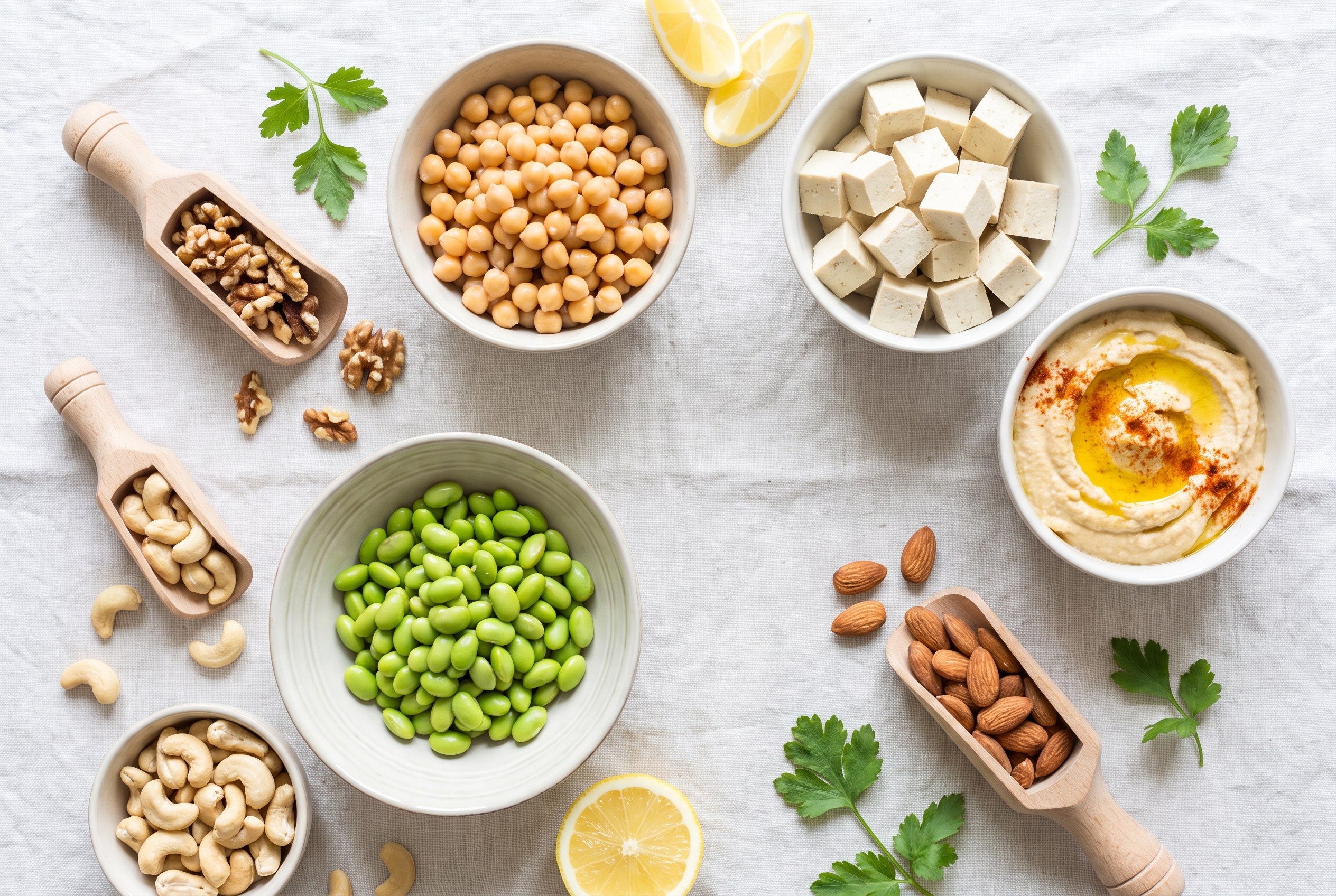 Plantaardige eiwitten: peulvruchten, tofu, edamame en noten.