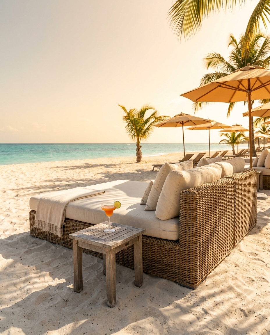 Loungebed op wit zand bij zonsondergang aan de Caribische zee