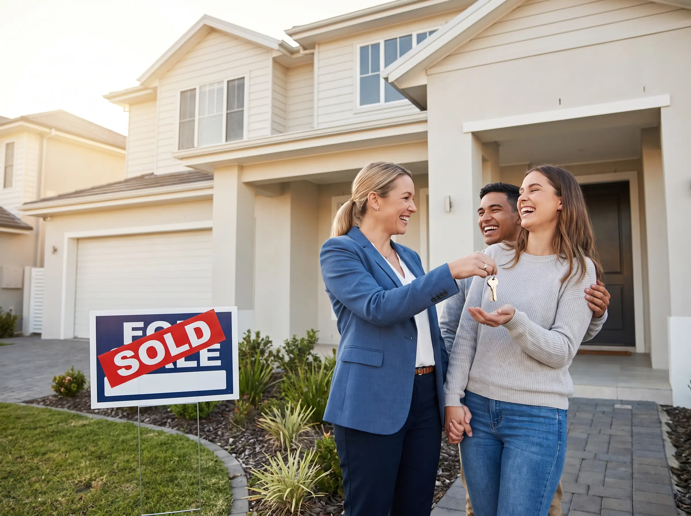 Real estate agent handing keys to a happy couple