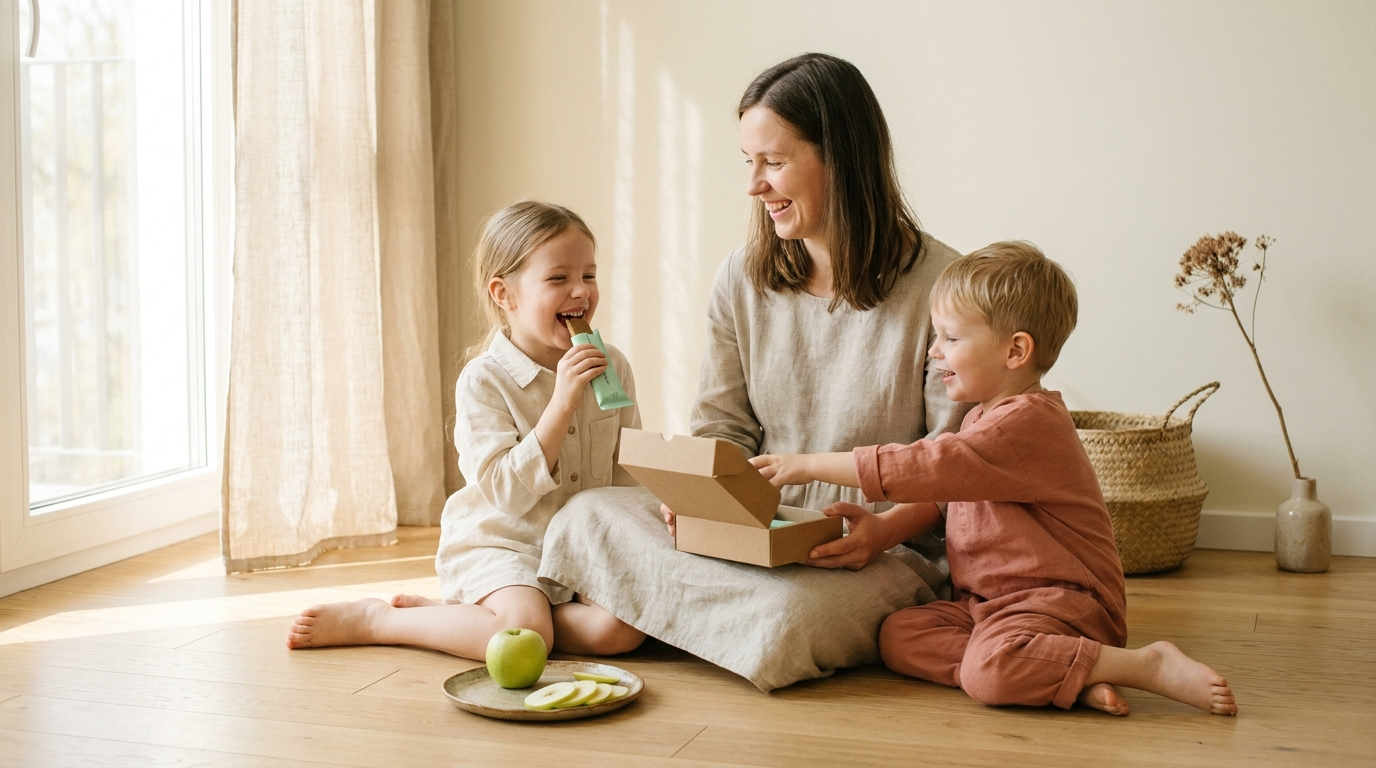 A mother and her two children laughing on a sunlit kitchen floor, sharing apple bars from a kraft box