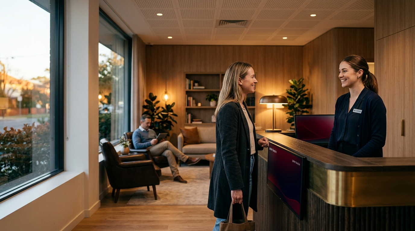 A dental and medical practice reception welcoming a patient