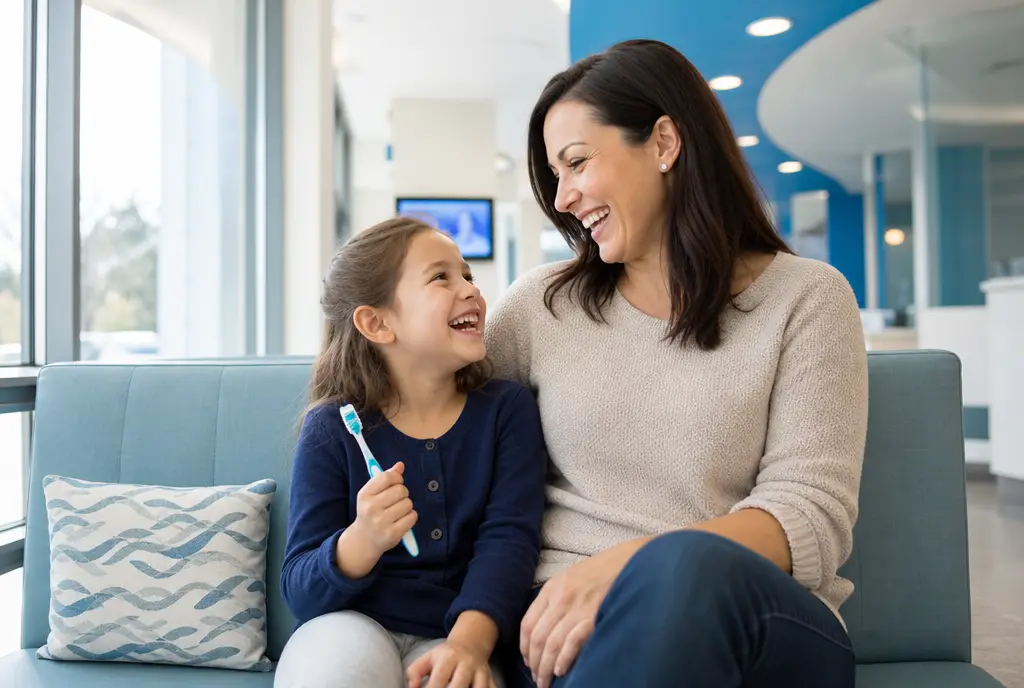A parent and child in the waiting area
