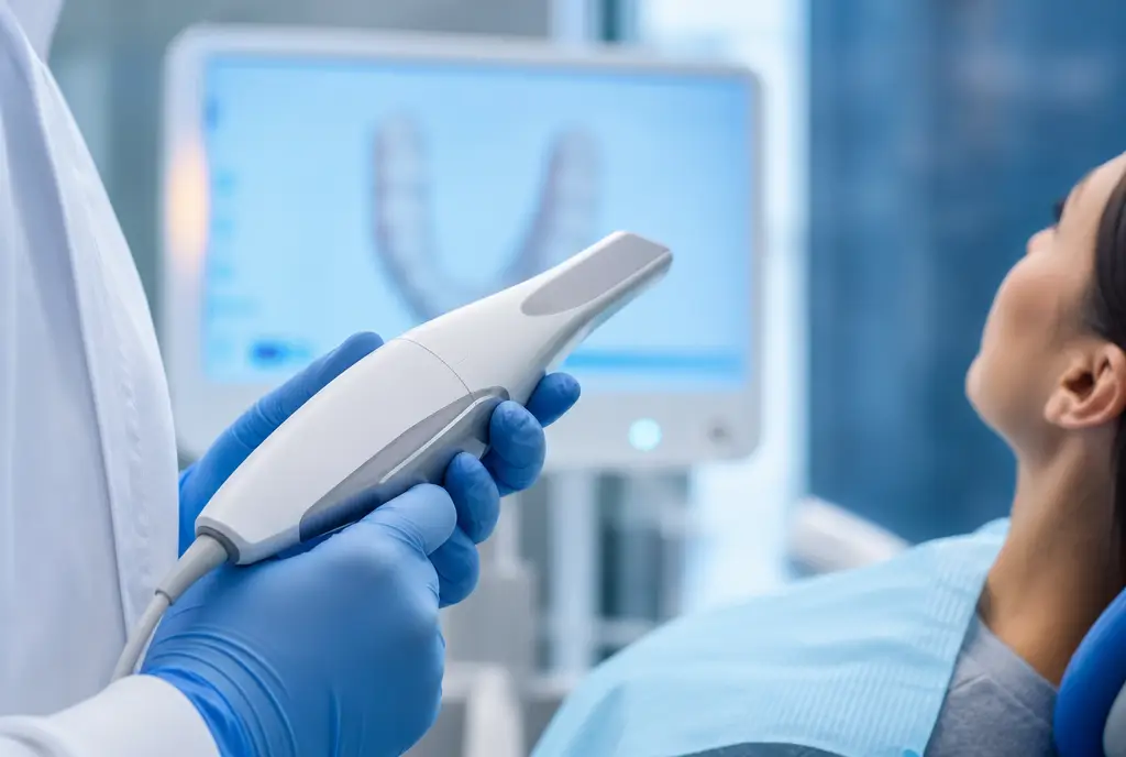A clinician using a handheld 3D intraoral scanner