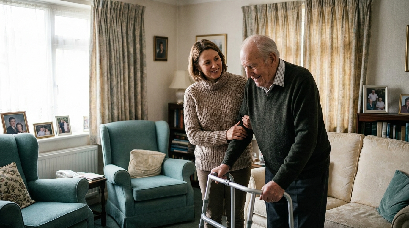 A companion gently assisting an elderly man with a walking frame in a warm living room