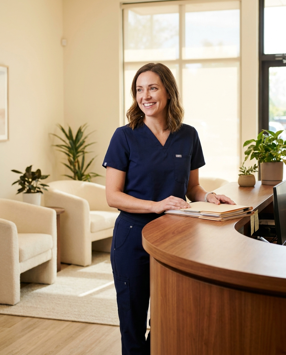 A friendly Wrenfield care coordinator at a warm reception desk
