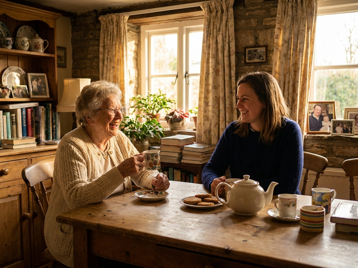 An elderly woman sharing tea and conversation with a companion