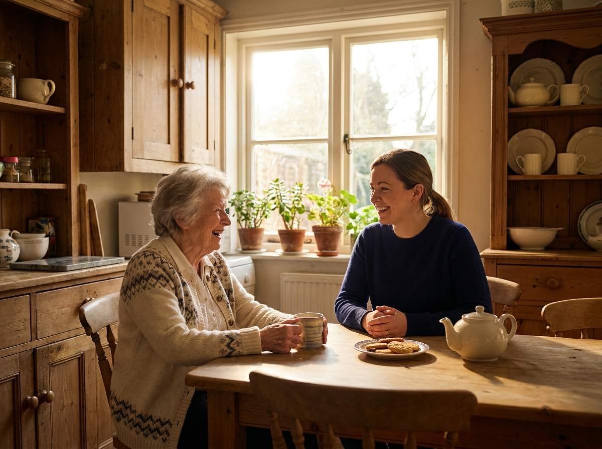A companion sharing a warm moment with an elderly client at home