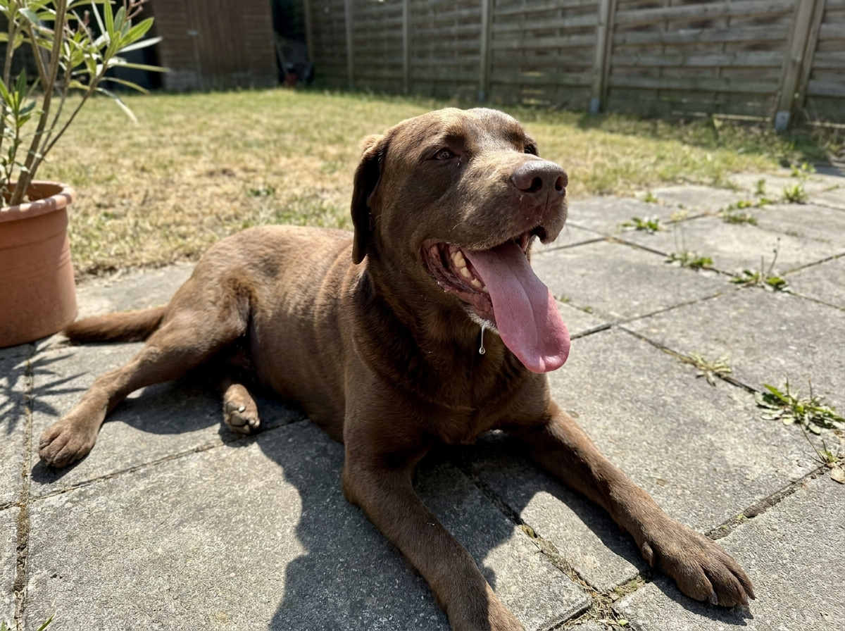Hund hechelt bei Sommerhitze auf der Terrasse