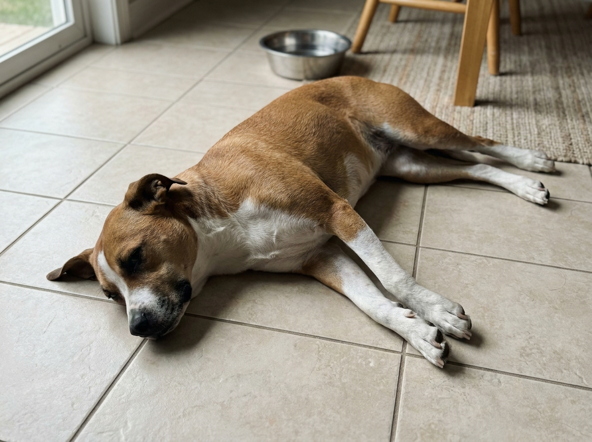 Hund liegt ausgestreckt auf kalten Fliesen