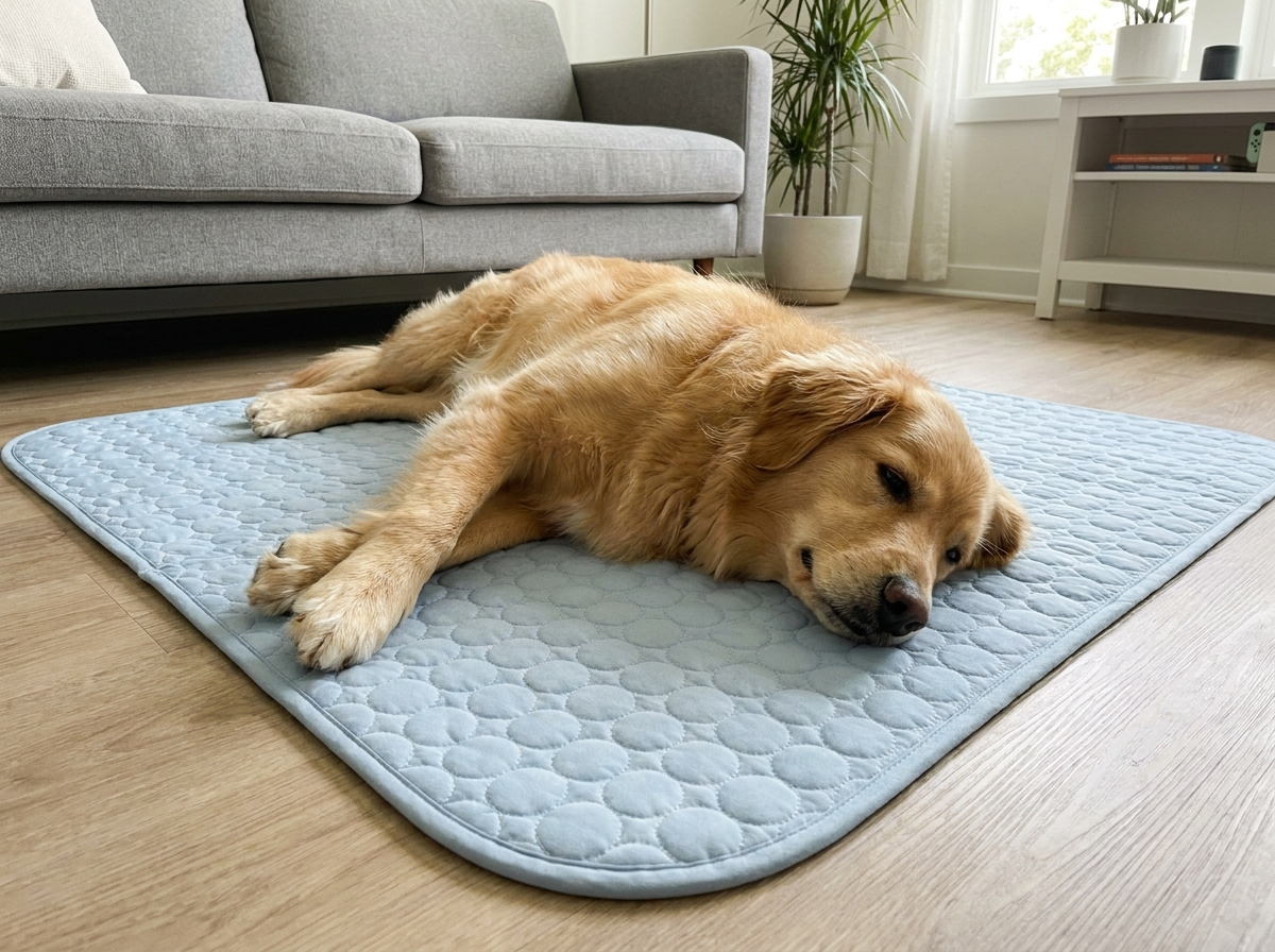 Hund entspannt auf der blauen Kühlmatte im Wohnzimmer