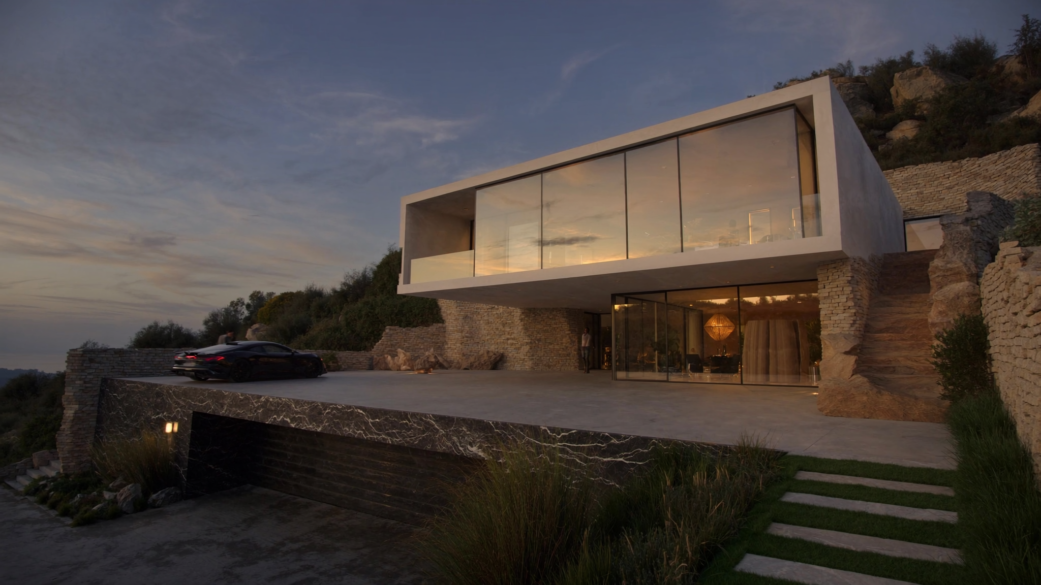 Vivienda unifamiliar moderna de dos plantas con fachada blanca, madera y piedra, rodeada de olivos, construida por Abitarq