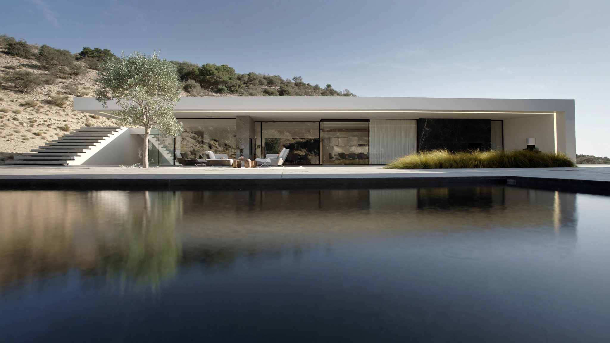 Vivienda unifamiliar de una planta con piscina rectangular, grandes correderas de vidrio y jardín