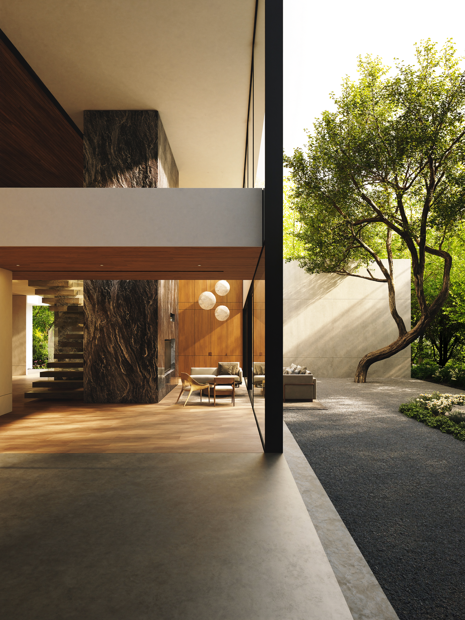 Interior luminoso de salón y cocina de planta abierta con suelo de roble y grandes ventanales hacia el jardín