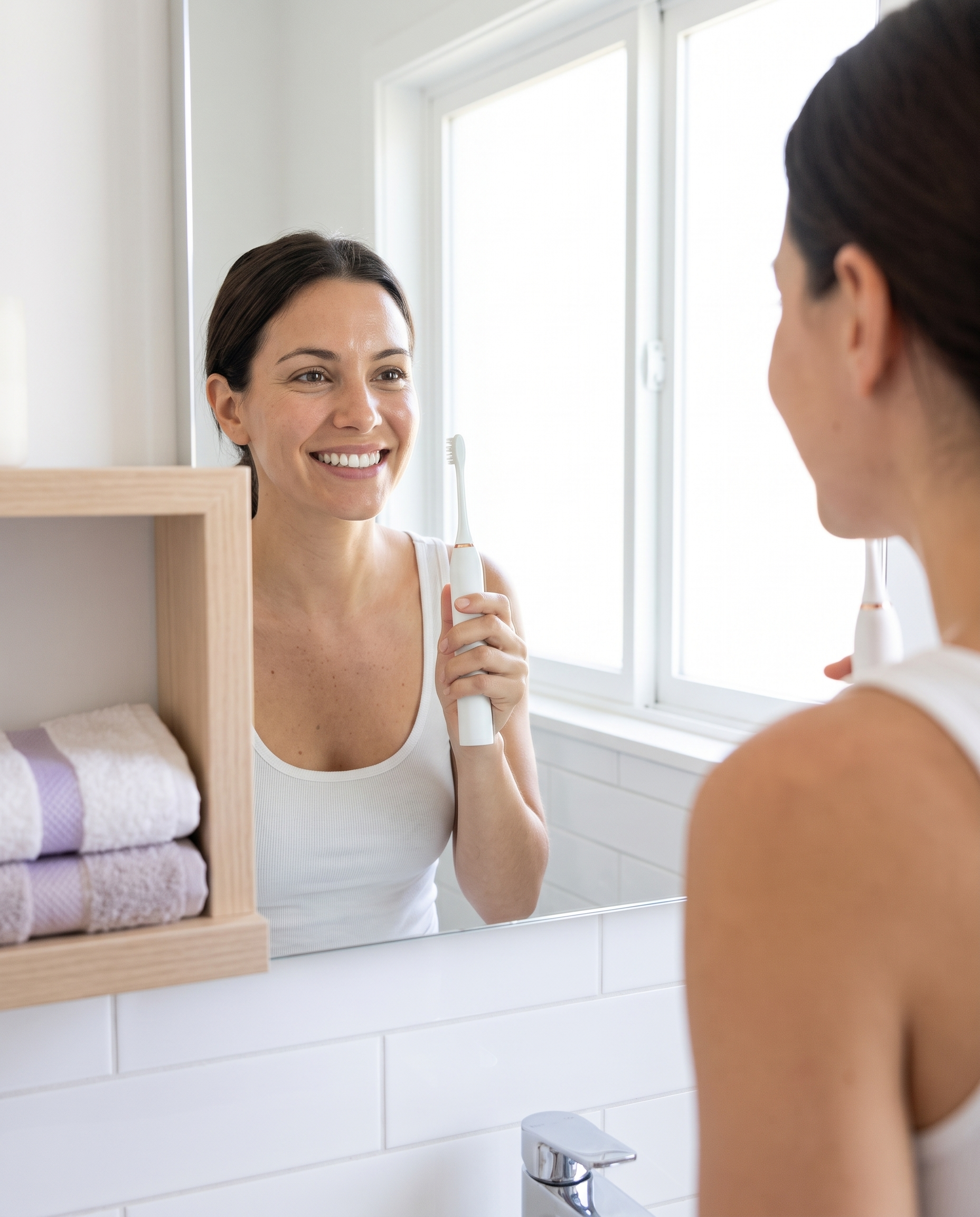 Mujer usando el cepillo el&eacute;ctrico s&oacute;nico en el ba&ntilde;o