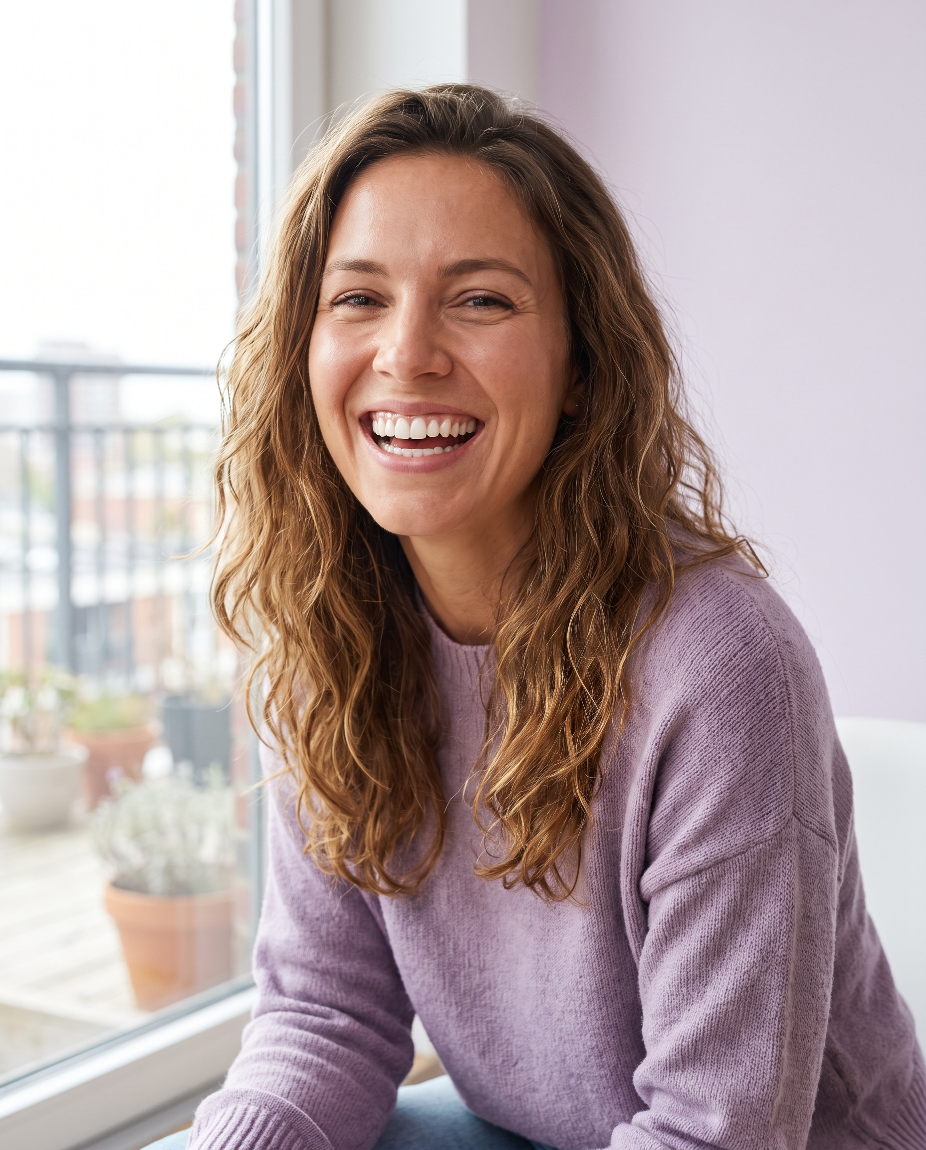Mujer sonriendo con dientes limpios y brillantes