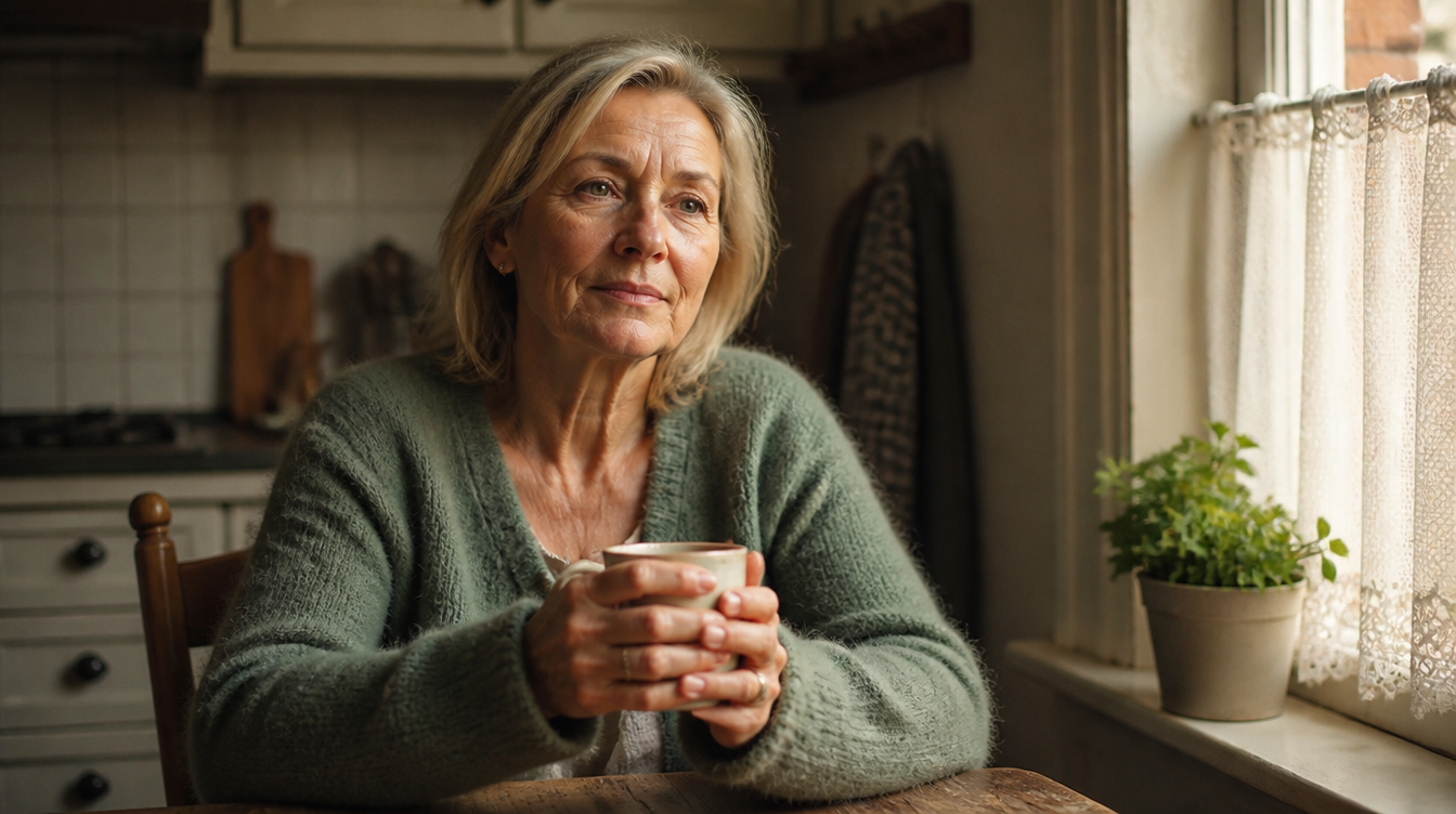 Vrouw van 61 aan de keukentafel met koffie