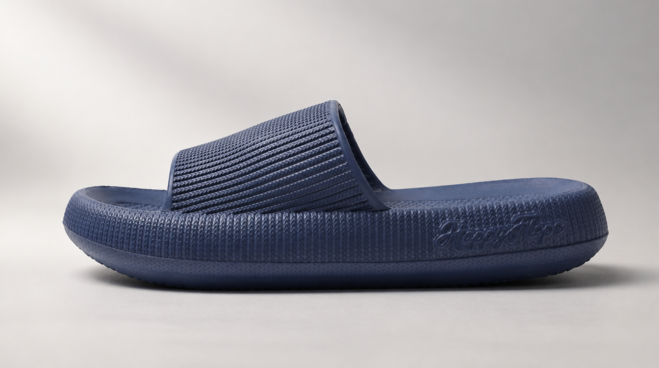 HappyFlops Original donkerblauw, zijaanzicht met dikke verende zool