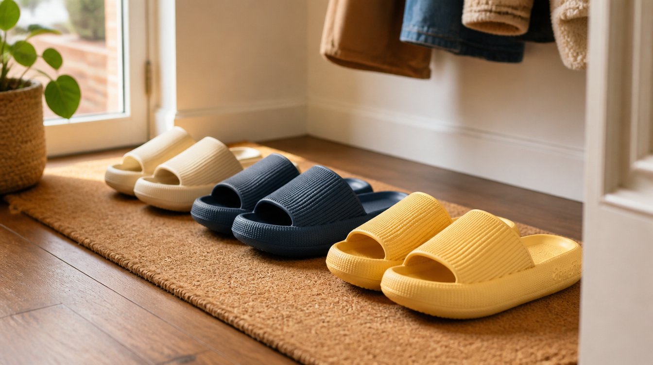 Drie paar HappyFlops in verschillende kleuren bij de voordeur
