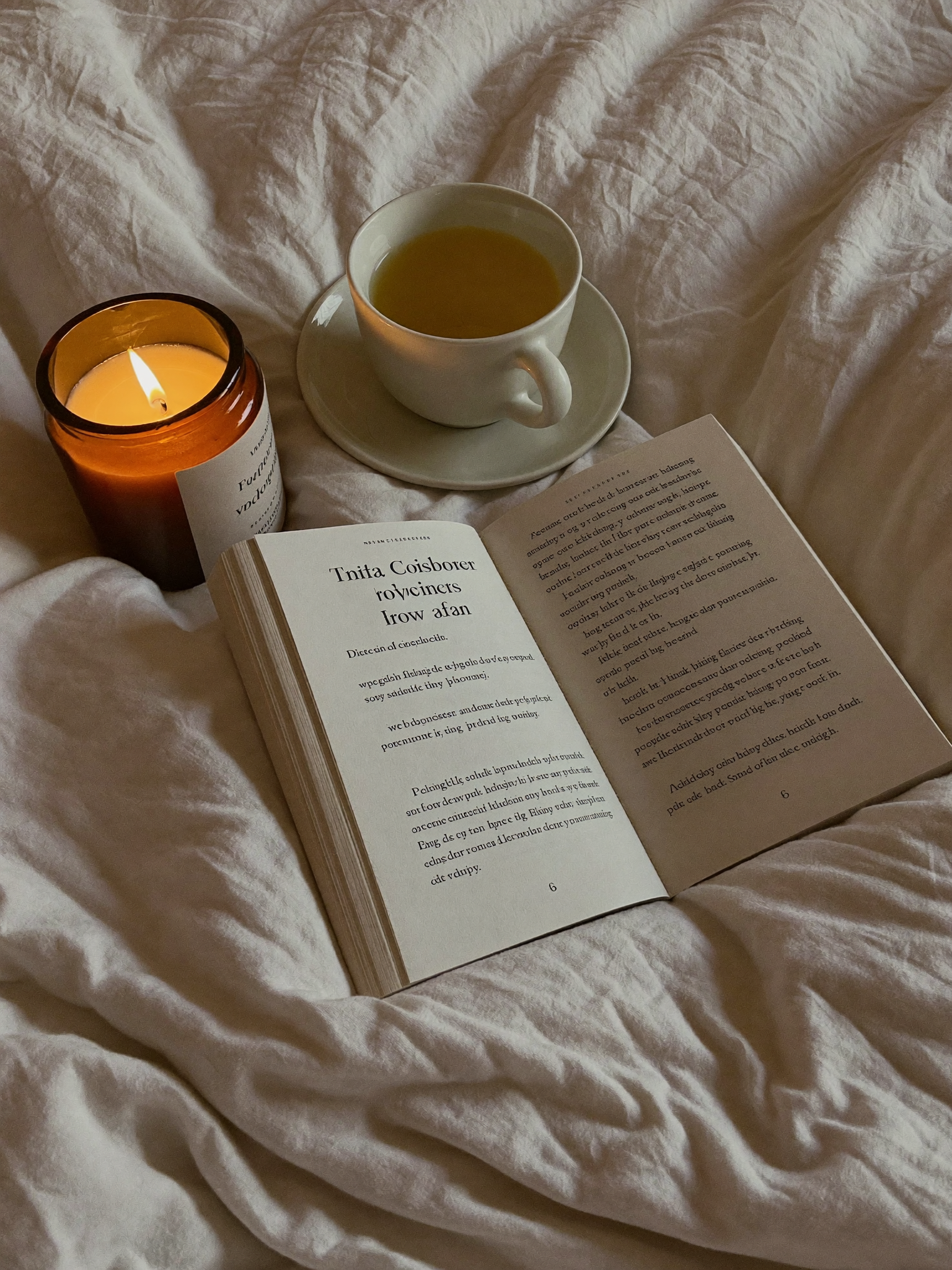 A lit candle, an open book and a warm cup of tea in a cozy corner